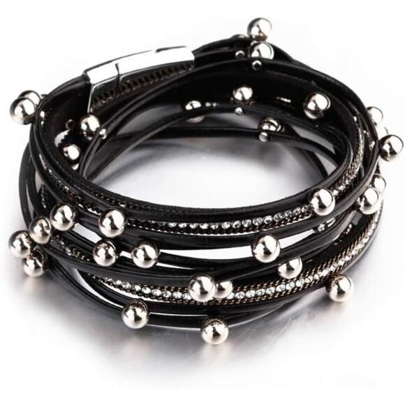 Leather Wrap Bracelets for Women, Boho Leopard Multi-Layer Crystal Beads Cuff - Picture 2 of 7